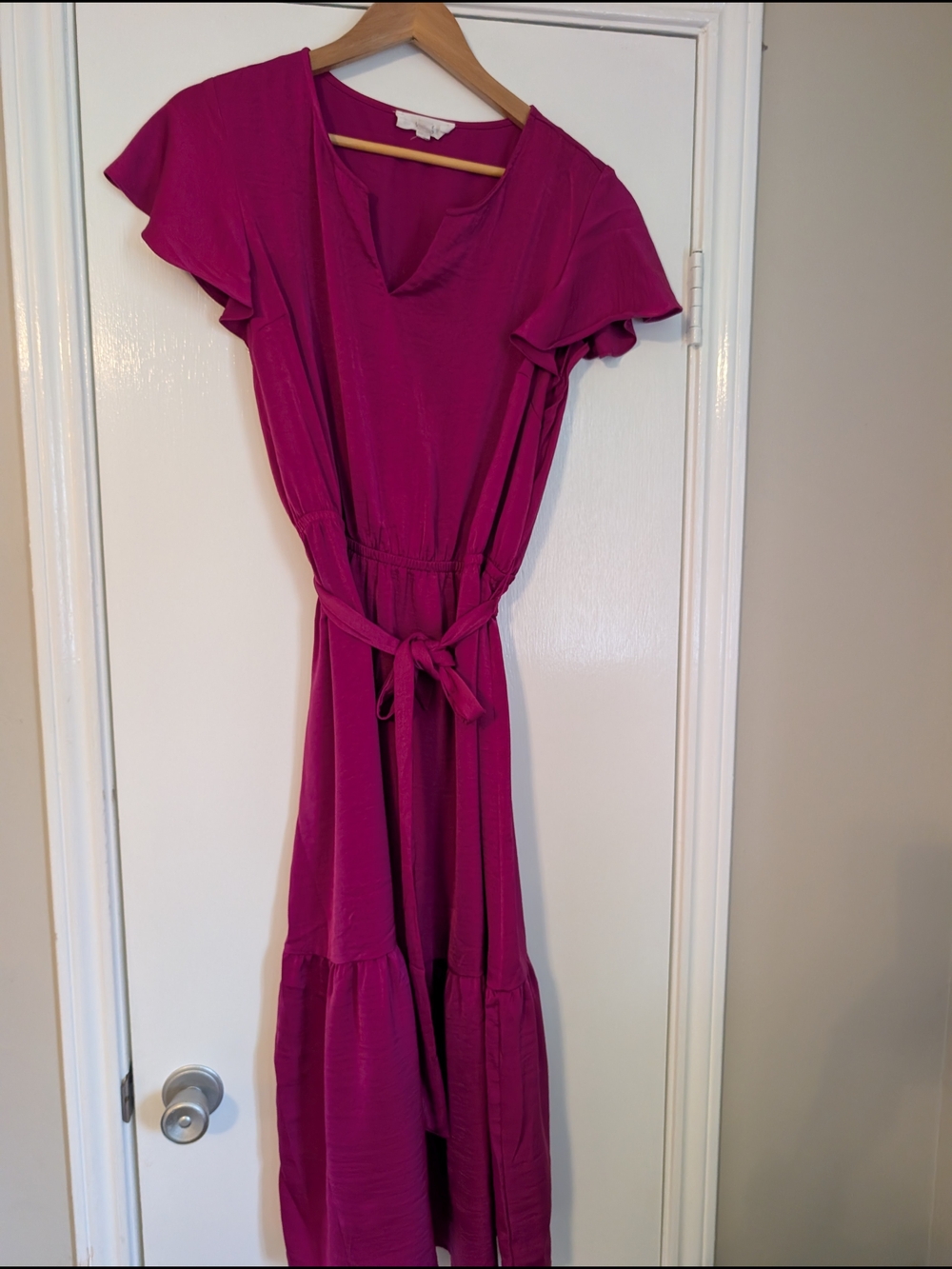 Lucky Brand Magenta Flutter-Sleeve Belted Midi Dress